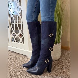 Navy Knee-High Boots with Gold Buckles EUC Sz 9
